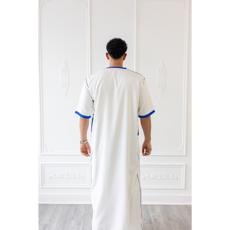 M12S - Moroccan Short Sleeve Thobe (White With Blue Embroidery)