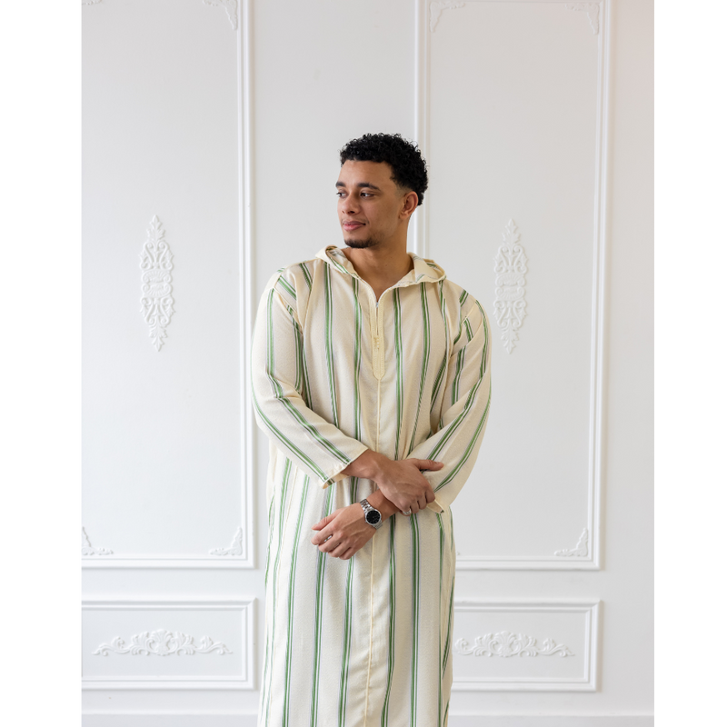 Moroccan Hoodie Thobe Beige With Green Stripes