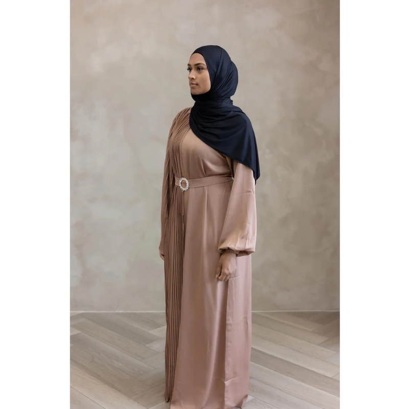 Sale Sawda Pleated Abaya with Stone Belt - Camel Brown