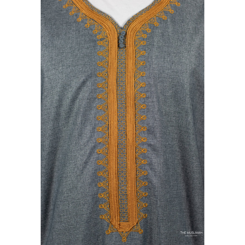 Moroccan Hand Embroidered Short Sleeve Thobe Gold and Ash