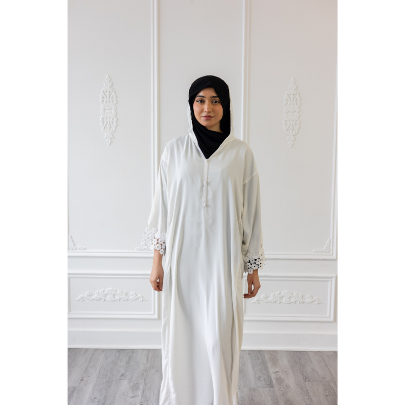 Moroccan Abaya White With Floral Sleeves