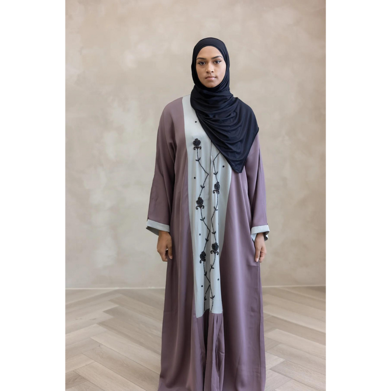 Sale Sawda Handwork Abaya - Plum Purple with Cloud Grey