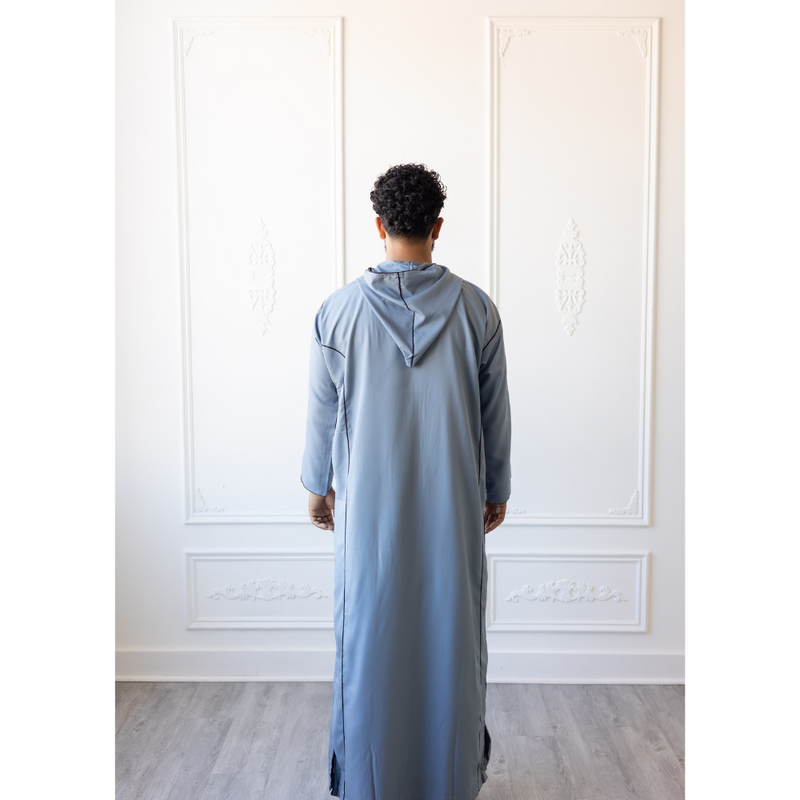Moroccan Hoodie Thobe - Stone Blue with (Navy Blue, Fossil Grey & Black)