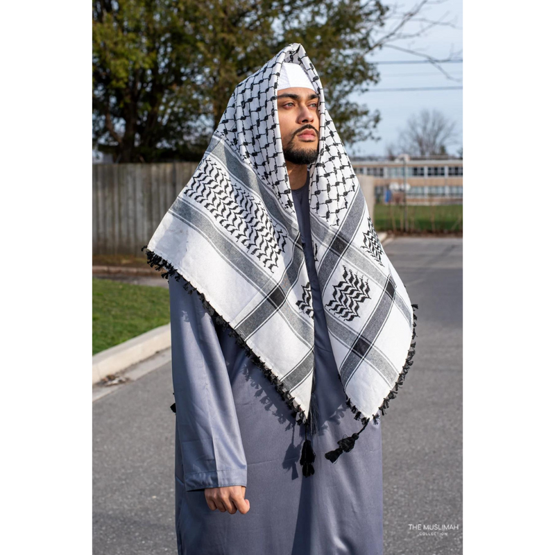 Sample Sale - White and Black Imamah/Shemagh/Keffiyyah Arab Men's Scarf - Palestinian