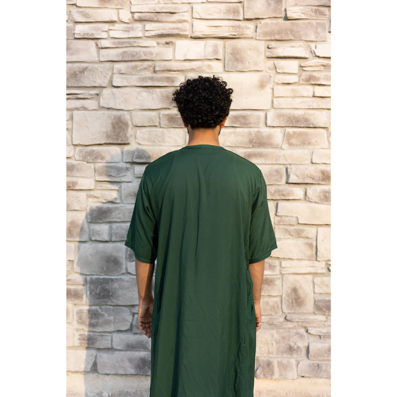Moroccan Hand Embroidered 3/4 Sleeve Thobe  - Emerald Green