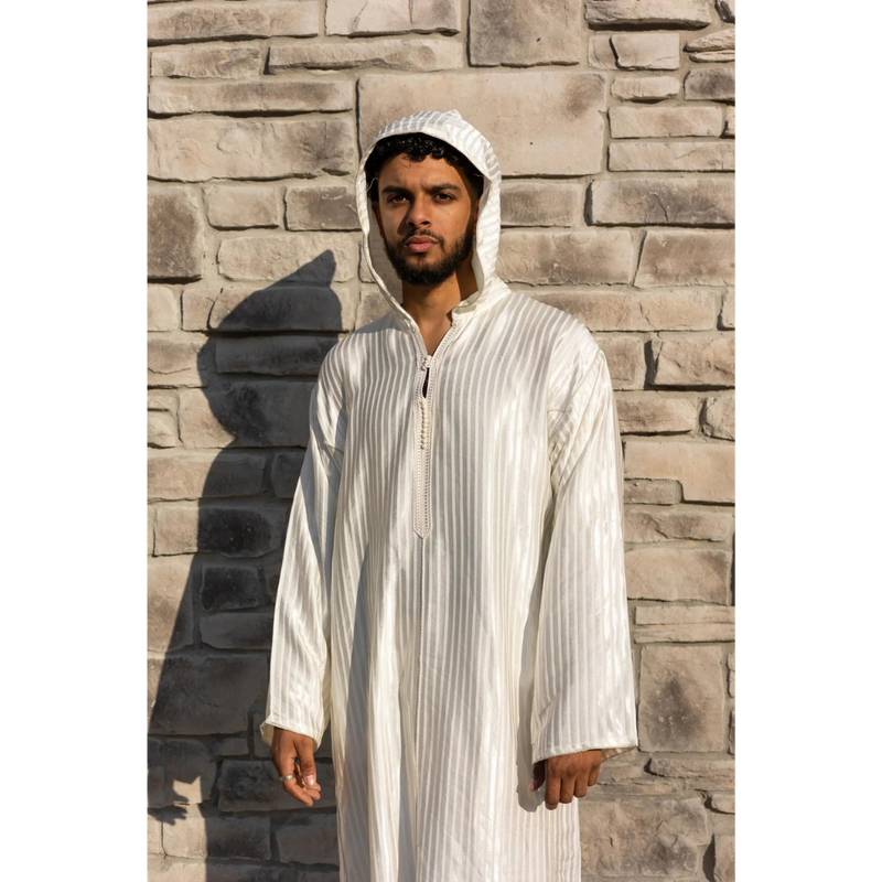 Moroccan Striped Style Hoodie Thobe - Moonlit Ivory