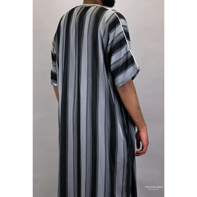 Moroccan Striped Thobe Dark Blue and Grey