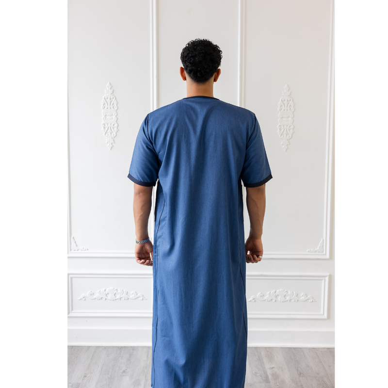 Moroccan Short Sleeve Thobe Storm Blue With Navy Embroidery