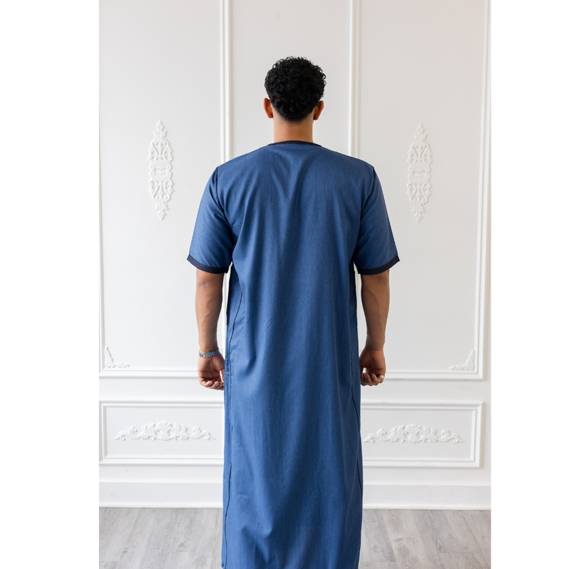 Moroccan Short Sleeve Thobe (Storm Blue With Navy Embroidery)
