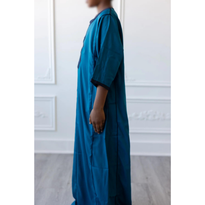 Moroccan Short Sleeve Kids-Boys Thobe (Turquoise with Top Down Embroidery)