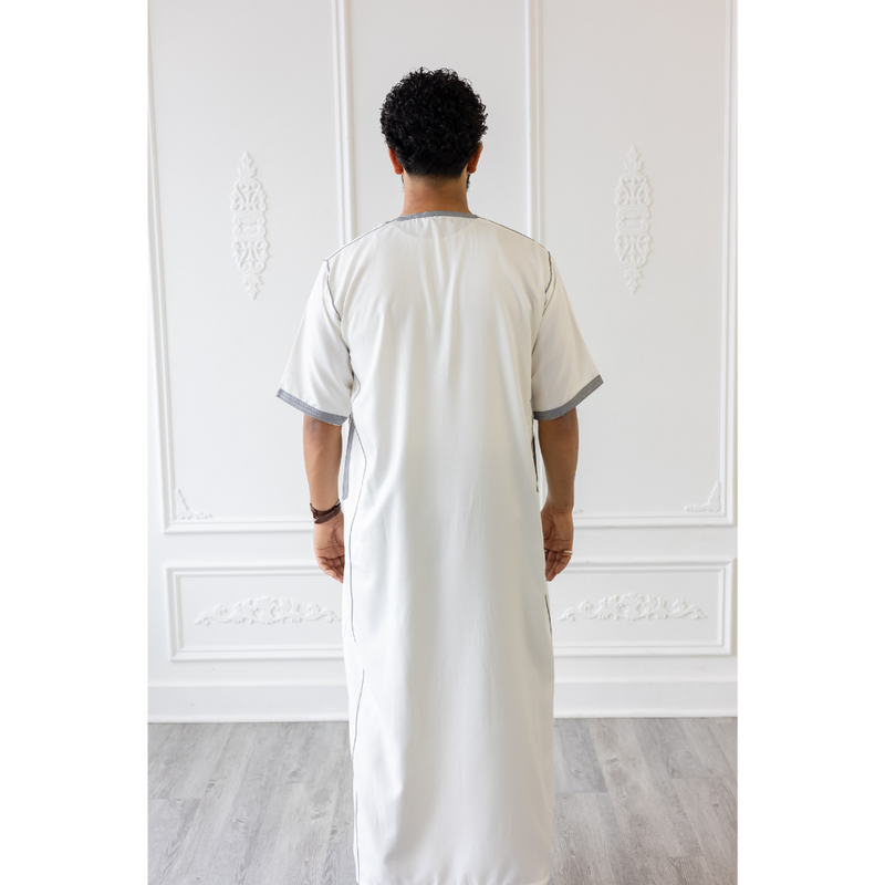 Moroccan Short Sleeve Thobe White With Grey Embroidery