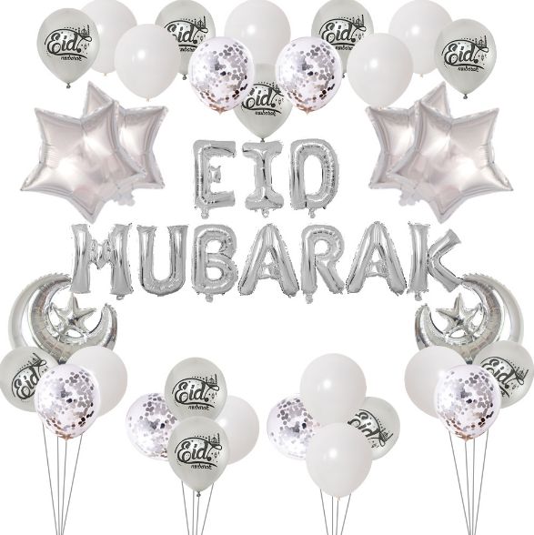 Foil Eid Mubarak Package - Eid Mubarak Balloons with Five Pointed Stars and Crescents and Balloons