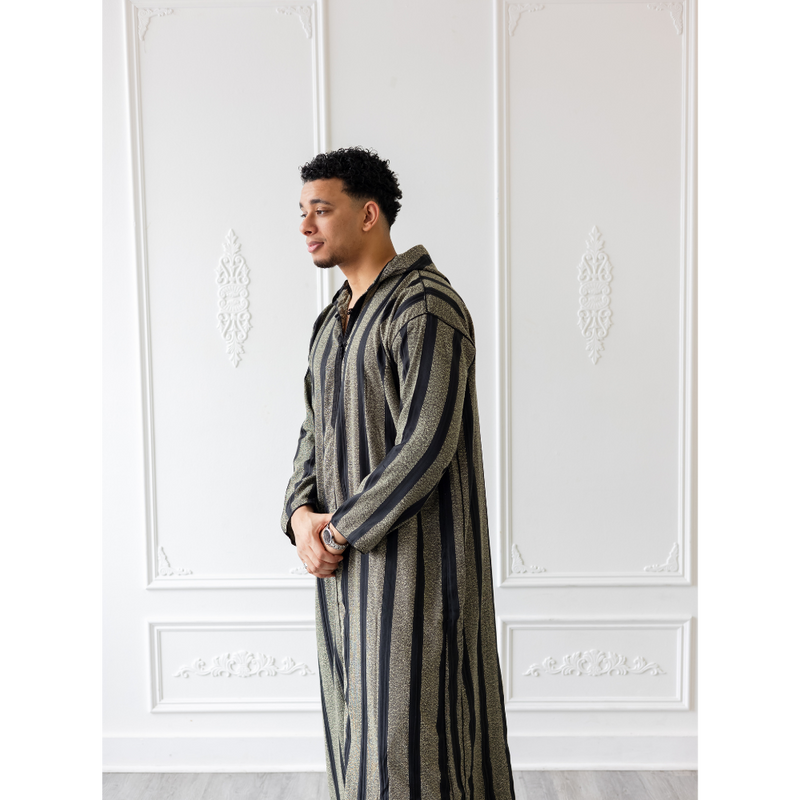 Moroccan Hoodie Thobe Wolf Grey With Black Stripes