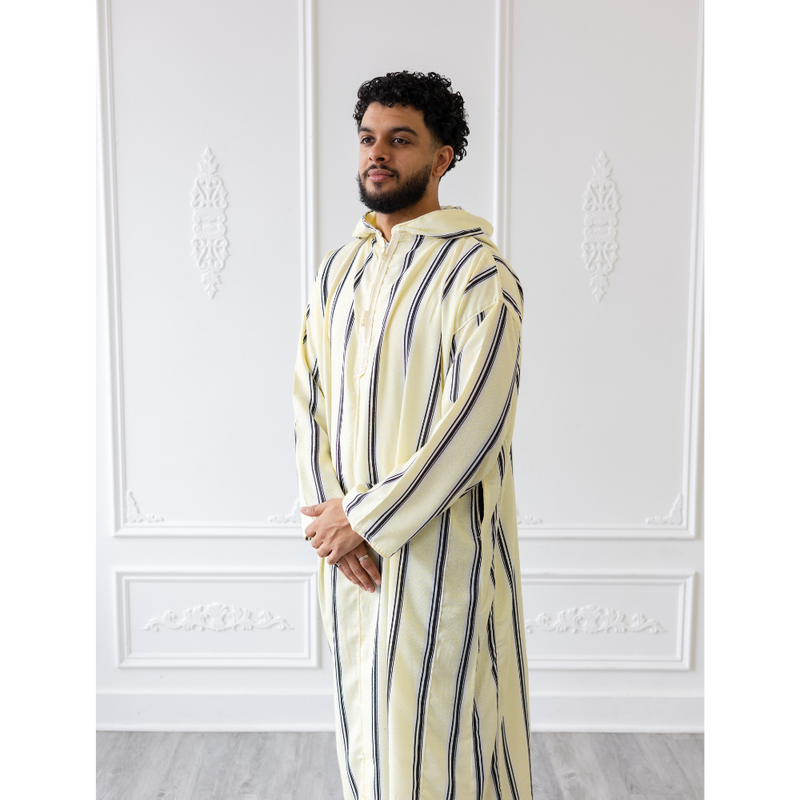 Moroccan Hoodie Thobe Buttercream with Navy Stripes