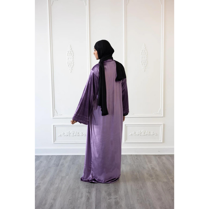 Sale Velvet Open Abaya Kimono with Stone Work - Dark Lavender