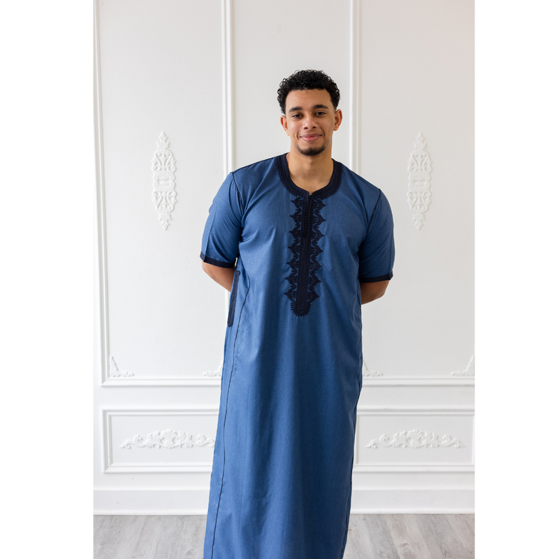 Moroccan Short Sleeve Thobe (Storm Blue With Navy Embroidery)