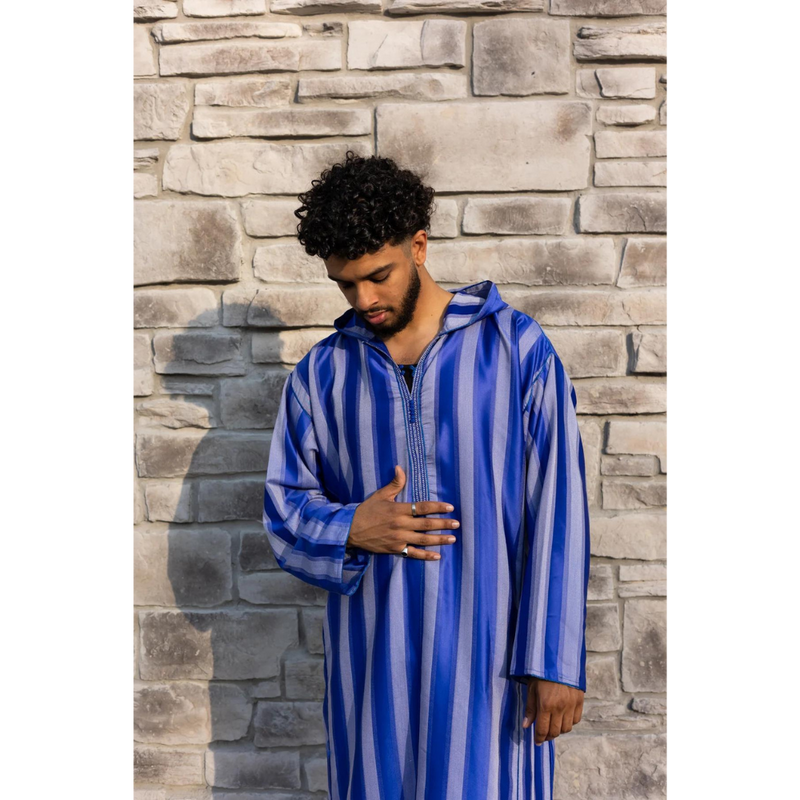 Moroccan Striped Style Hoodie Thobe - Sapphire Mist with White Embroidery