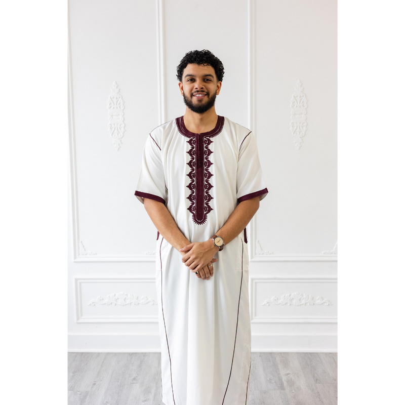 Sample Sale - Moroccan Short Sleeve Thobe White With Maroon Embroidery - STAIN