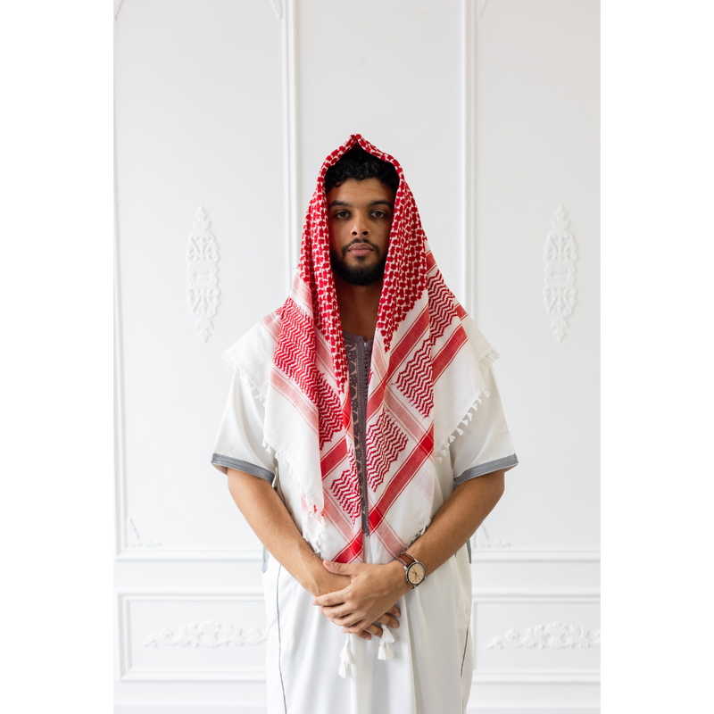 Scarlet Red and White Imamah/Shemagh/Keffiyyah Arab Men's Scarf