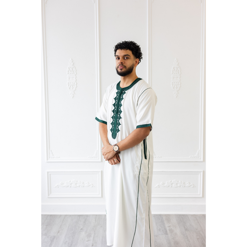 CLEARANCE SALE Moroccan Short Sleeve Thobe White With Green Embroidery - 49