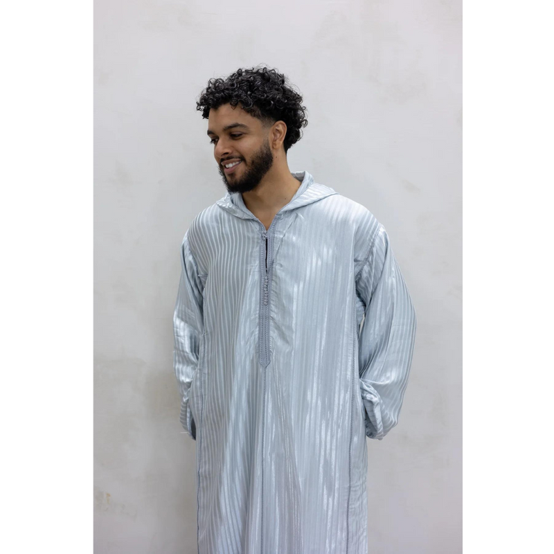 Moroccan Striped Style Hoodie Thobe - Silver Mist