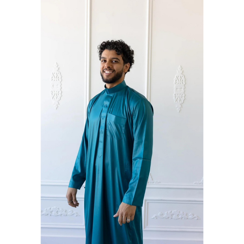 Saudi Collar Thobe Jubbah - Cobalt Green