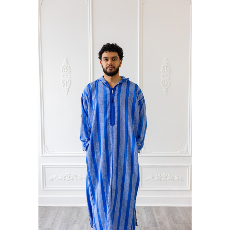 Moroccan Hoodie Thobe Electric Blue With Blue Stripes