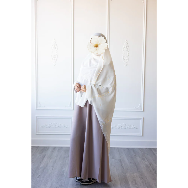 Floral Embroidered Chiffon Hijab Hand Work - Daisy White