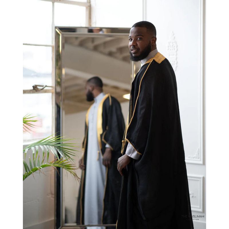 Embroidered Thobe Overcoat Arab Bisht Cloak (Black)