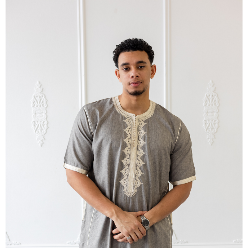 Moroccan Short Sleeve Thobe Ash Grey With Cream Embroidery