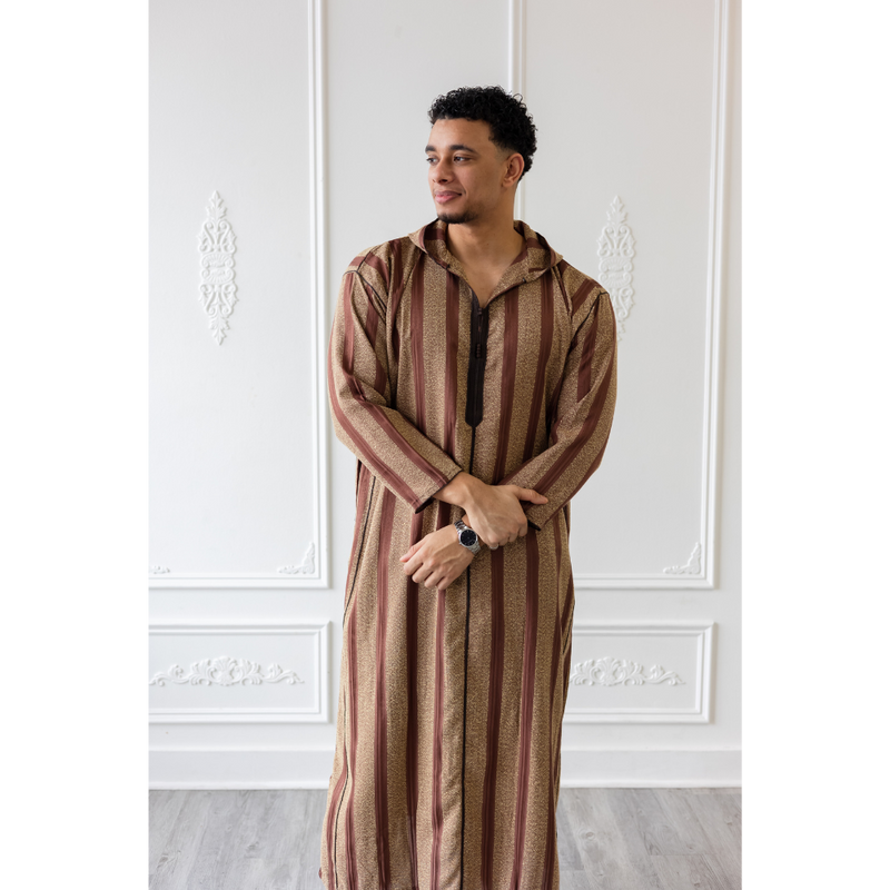 Moroccan Hoodie Thobe Mocha Brown With Light Brown Stripes