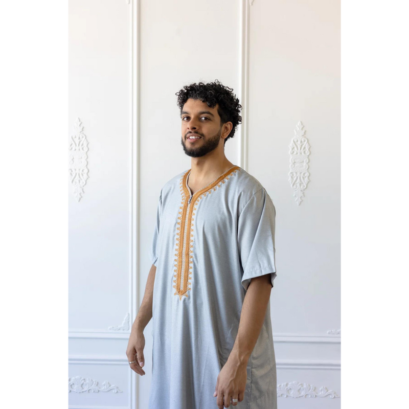 Moroccan Short Sleeve Thobe Wolf Grey with Copper Embroidery