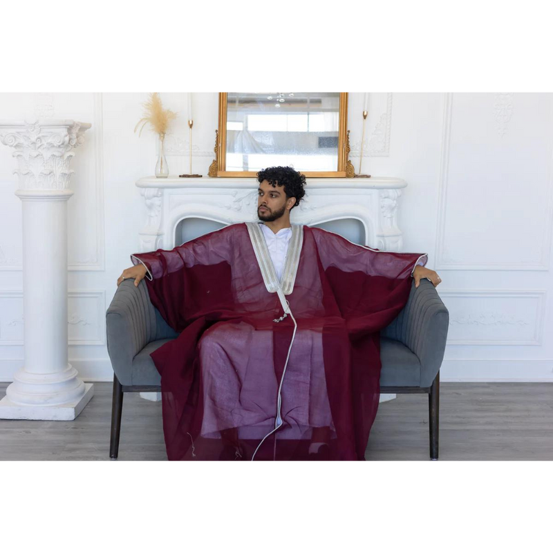 Embroidered Thobe Overcoat Arab Bisht Cloak Burgundy