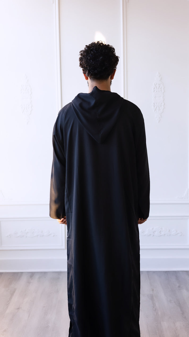Moroccan Hand Stitched Hoodie Thobe Pitch Black