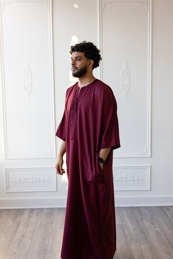 Moroccan Hand Embroidered 3/4 Sleeve Thobe  - Mulberry
