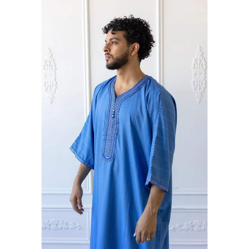 Plaid Moroccan Thobe Ocean Blue with White Embroidery
