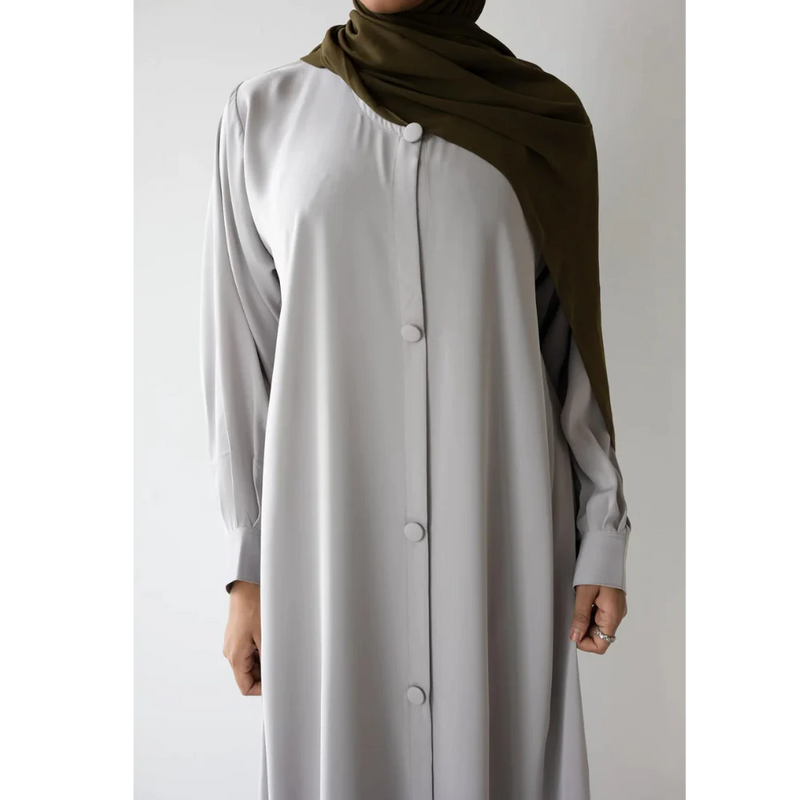 Button Front Abaya with Pleated Bishop Sleeves  - (Seize the Grey) - 72