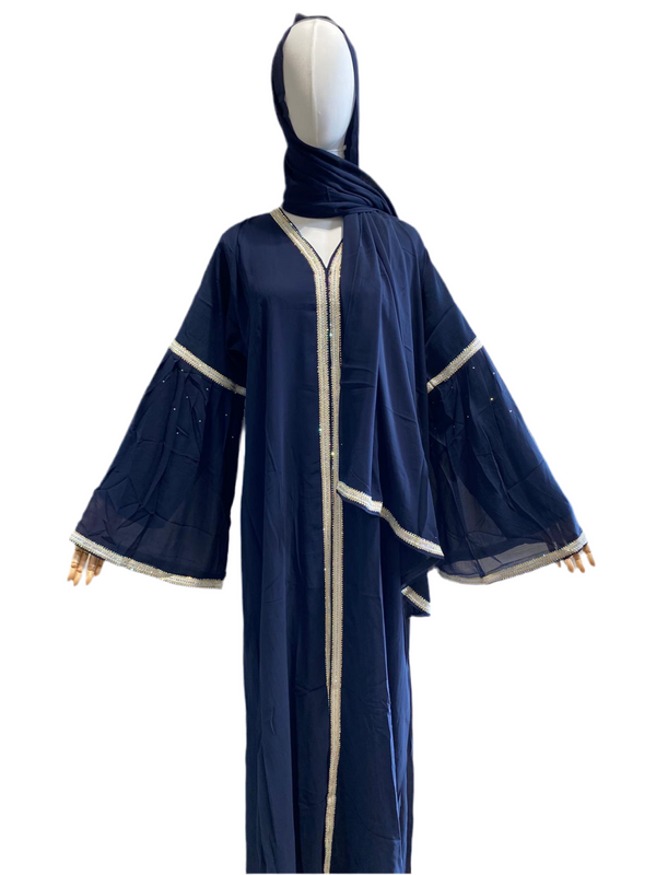 Chiffon Layered Glam Abaya (Navy Blue) *SLEEVE Varies