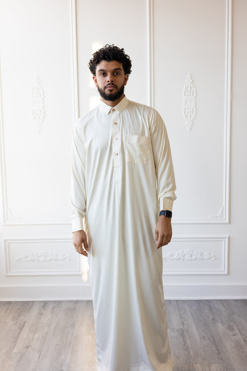 Omar Collection - Saudi Collar Thobe with Golden Buttons - Cream
