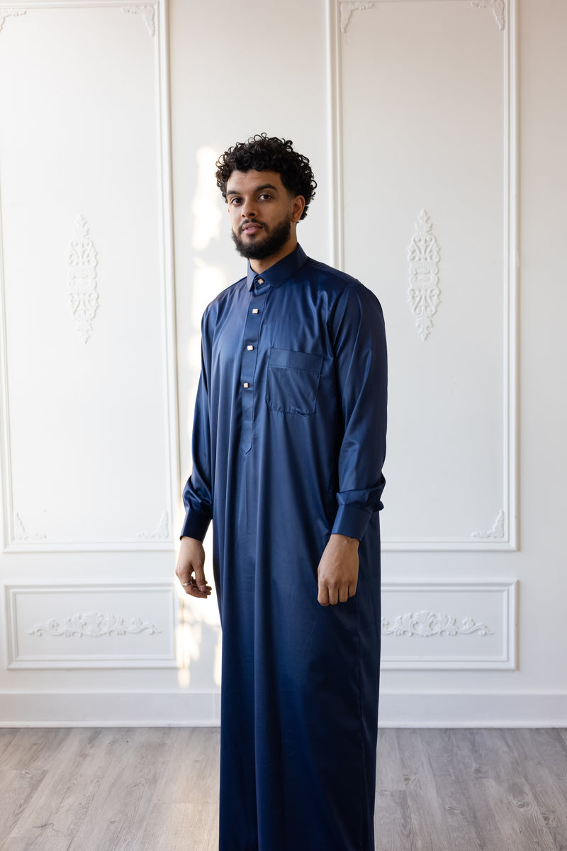 Omar Collection - Saudi Collar Thobe with Golden Buttons - Midnight