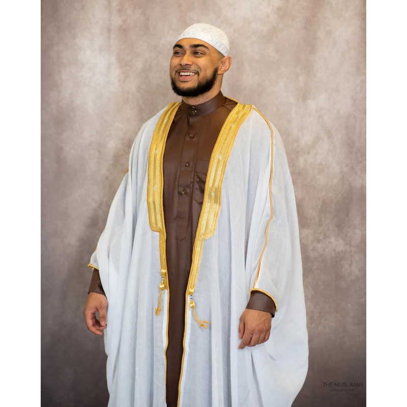 Embroidered Thobe Overcoat Arab Bisht Cloak - White