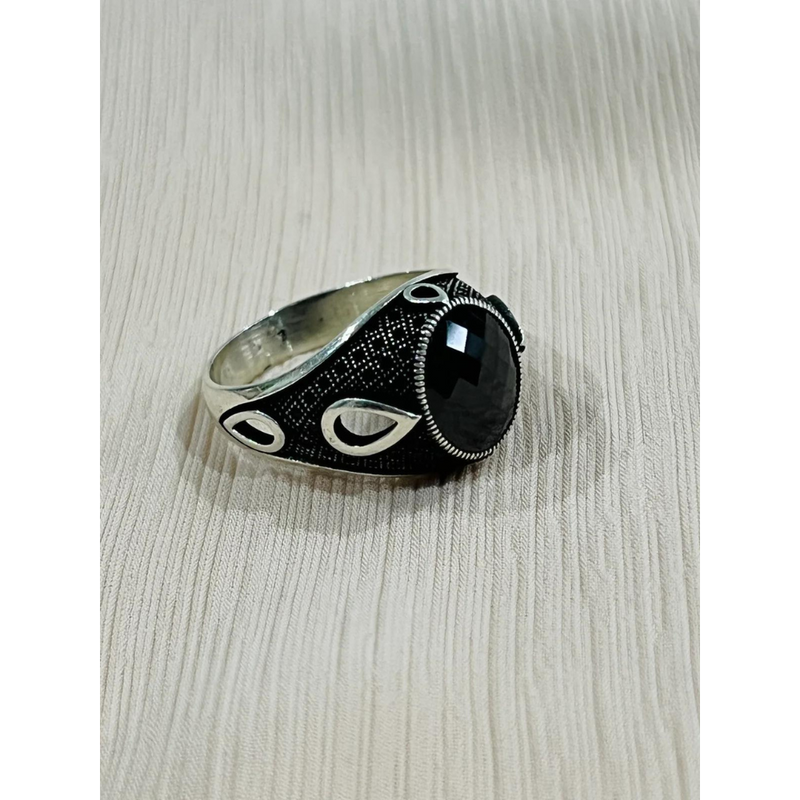 Teardrop Obsidian Sterling Silver Mens Islamic Ottoman Ring