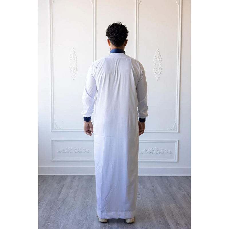 Saudi Collared Thobe Jubbah - Usman Collection - White & Blue (B27)