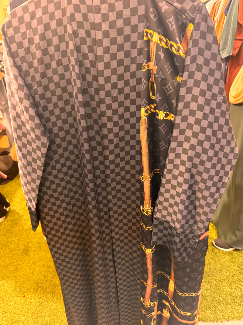 CLEARANCE SALE Black Checkered Kimono Open Abaya Satin Silk