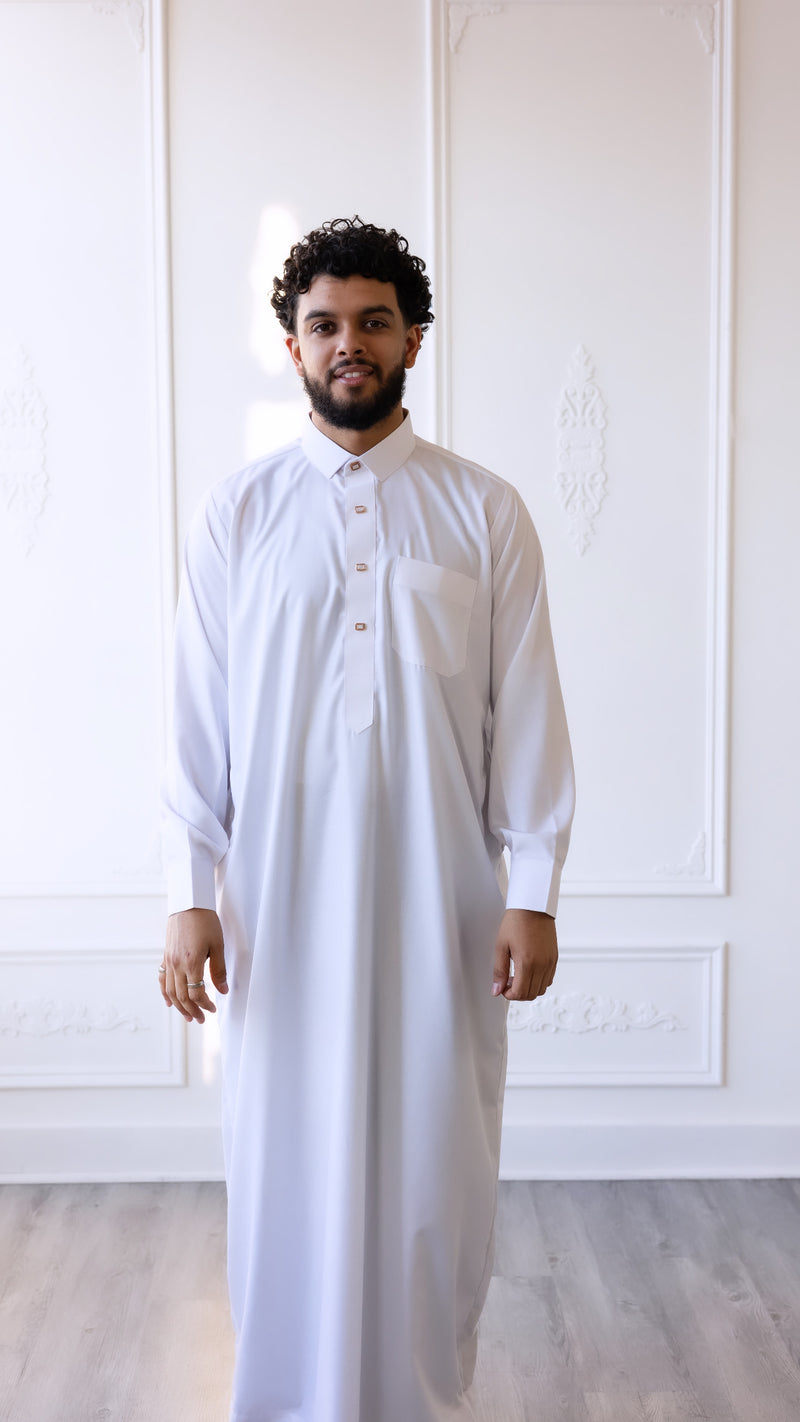 Omar Collection - Saudi Collar Thobe with Golden Buttons - Winter (B35)
