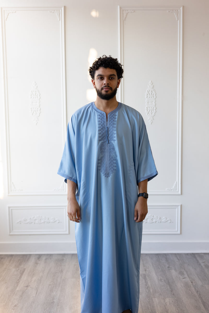 Moroccan Hand Embroidered 3/4 Sleeve Thobe  - Powder Blue