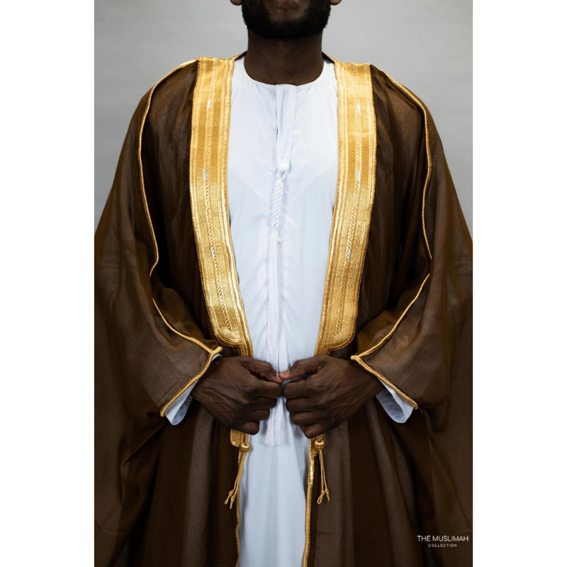 Embroidered Thobe Overcoat Arab Bisht Cloak Coffee Brown