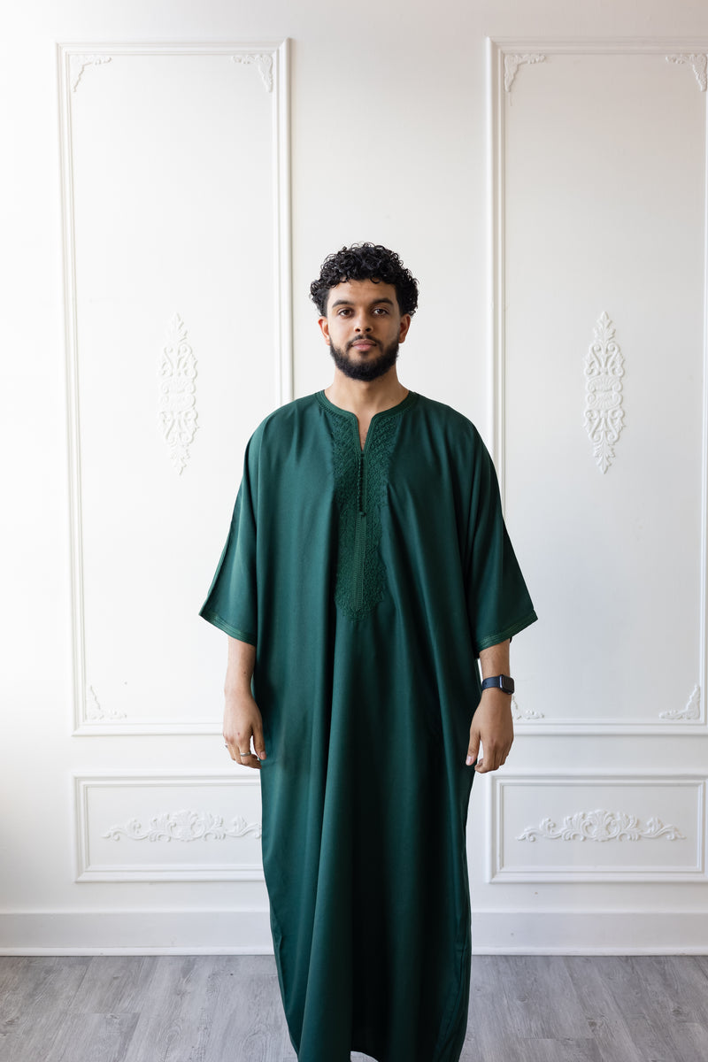Moroccan Hand Embroidered 3/4 Sleeve Thobe  - Emerald