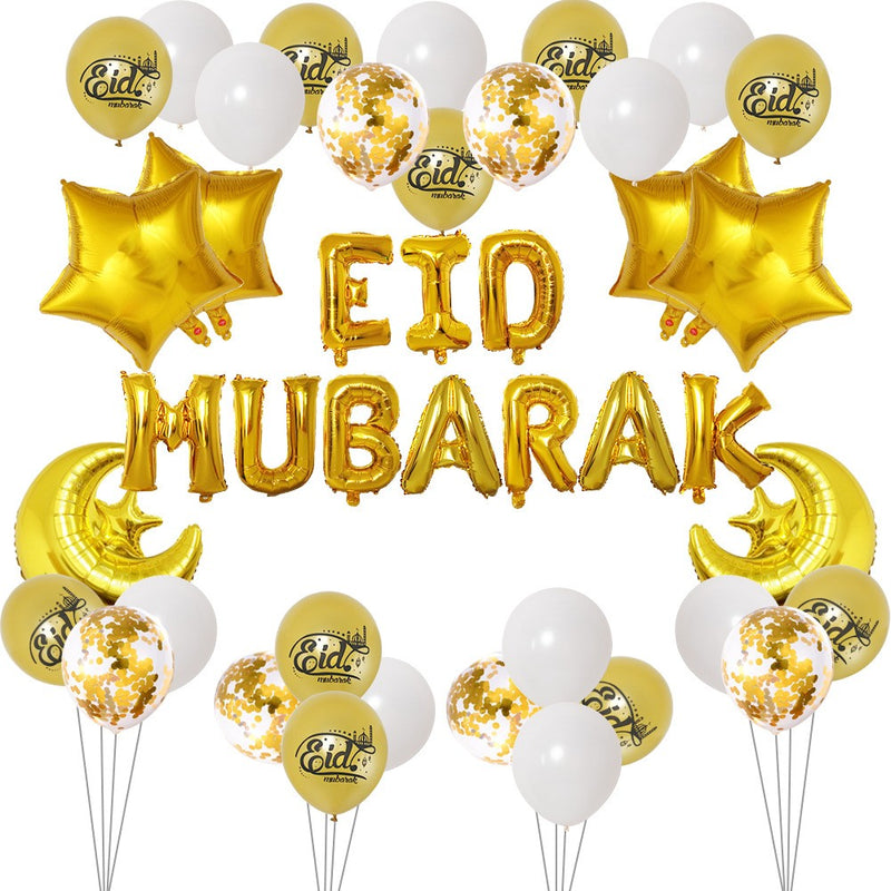 Foil Eid Mubarak Package - Eid Mubarak Balloons with Five Pointed Stars and Crescents and Balloons