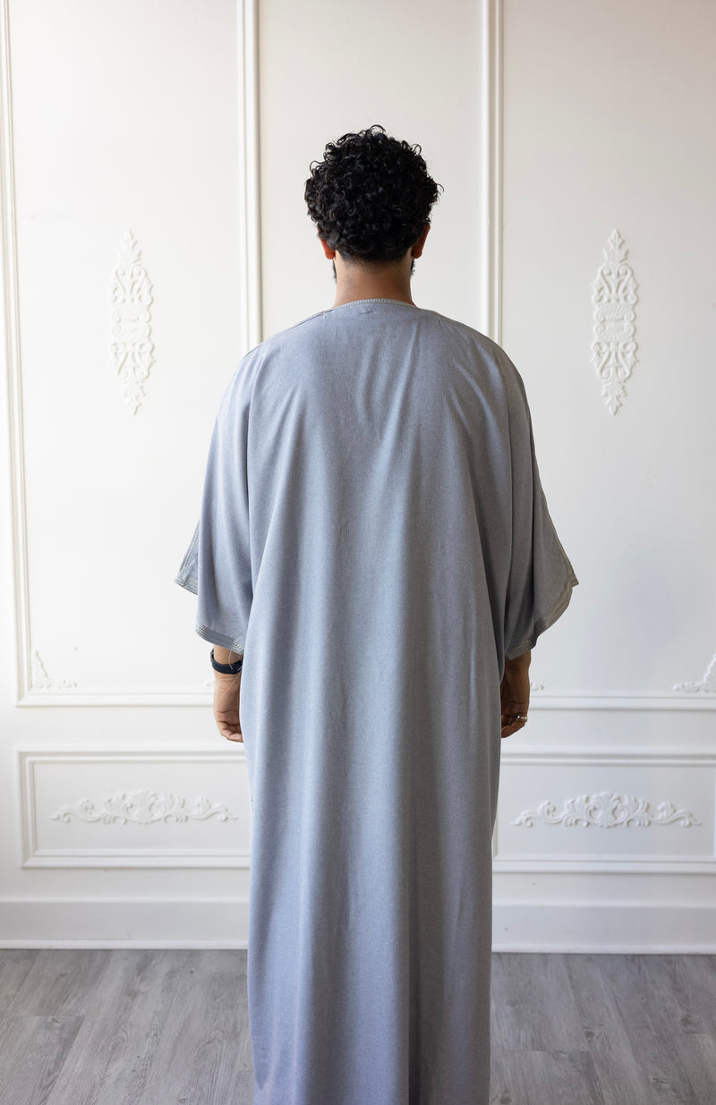 Moroccan Hand Embroidered 3/4 Sleeve Thobe  - Grey